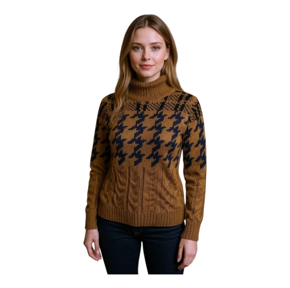 NEW John + Jenn Evereve Henry Houndstooth Turtleneck Sweater in Caramel Multi S - Picture 9 of 9